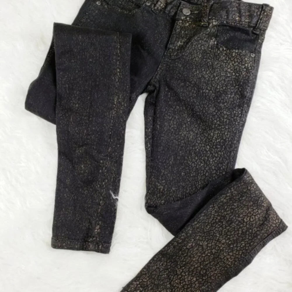 Free People Gold Leopard Print Jeans Y2K Denim Black Cheetah size 25 Stretch